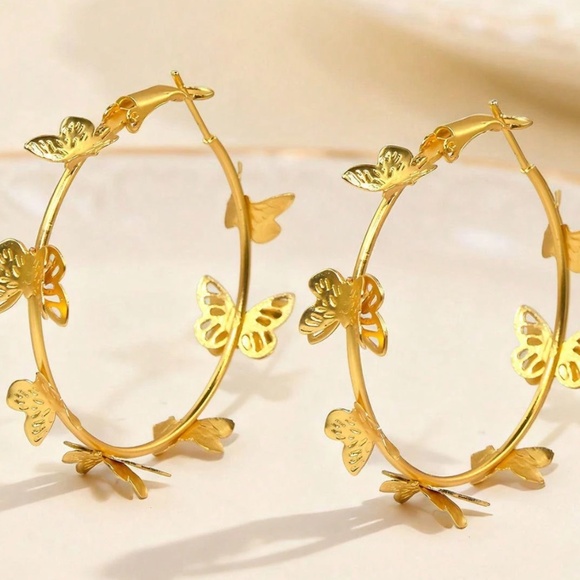 Dainty Gold Tone Butterfly Hoop Earrings - Picture 4 of 5